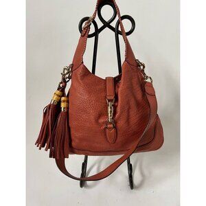 Gucci Womens Jackie Hobo Handbag Orange Calfskin Leather Piston Lock Tassel M